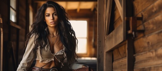 Fototapeta na wymiar A Sexy Beautiful Badass Latina Cowgirl wearing Lingerwear - Amazing Cowgirl Background - Clothes are in the Raw, Tough and Grunge Style - Latina Cowgirl Wallpaper created with Generative AI Technology