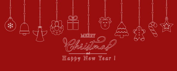 Cute Christmas ions on a red background. Christmas background, banner ,or card.