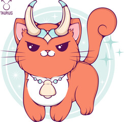 Taurus cute cartoon astrology sign of the zodiac cat. Pet character in kawaii style. Vector illustrations in hand drawn flat style on round background. Funny cat horoscope