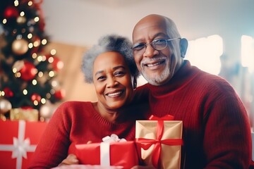 Obraz na płótnie Canvas Portrait of old senior african american couple holding wrapped gift presents wear red warm sweaters on christmas