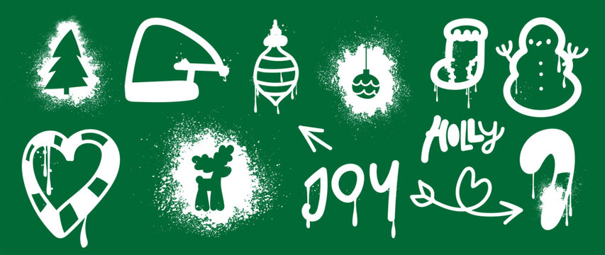 Set of Christmas elements. Snow spray paint vector. Graffiti, grunge elements of winter glove, sock, tree, present, star and cute doodle. Design illustration for decoration, card, sticker, wall decor.