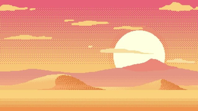 Pixel art loop animation of background with sand mountains and sun. Animated 8bit seamless desert landscape at sunset with moving clouds. Pixelated template for computer game or application.