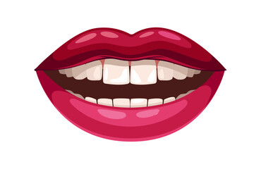 Red lips concept. Beauty, aesthetics and elegance. Make up and glamour. Sexy woman or girl. Sticker for social networks. Cartoon flat vector illustration isolated on white background