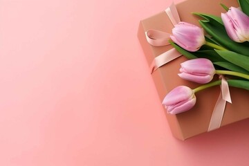 Bouquet of tulips in a brown gift box on a pink background, copy space