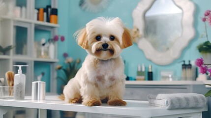 Shih tzu dog washing and grooming concept. Portrait on dog spa - obrazy, fototapety, plakaty