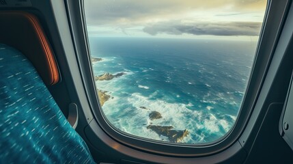 Naklejka premium View of the seacoast of sea o ocean from the airplane window with blu sky and some overcast