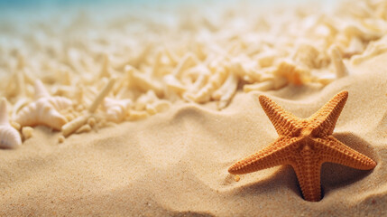 Fototapeta na wymiar Banner with Starfish on beach and sand background. Copy space. Generative AI