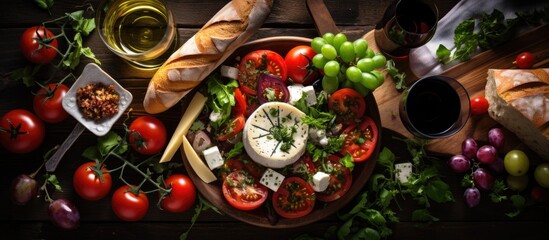 The top view of a summer table showcases a vibrant green salad adorned with fresh vegetables and ripe tomatoes complemented by a background of health conscious choices like homemade bread a - obrazy, fototapety, plakaty