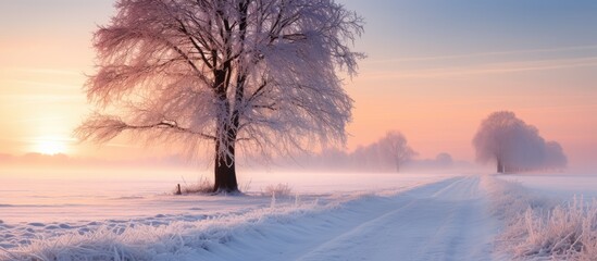 In the serene winter landscape a road winds through the snow covered fields bordered by tall trees and lush green grass creating a picturesque view worthy of a stunning wallpaper The icy whi