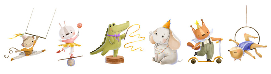Horizontal set with cute circus animals, performers. Circus cartoon show. Festival . Cute carnival. Isolated on White background illustration.
