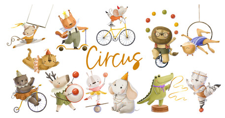 Collection with forest wild animals in circus. Circus performers. Theater performance childish coot illustration isolated background © Ilona