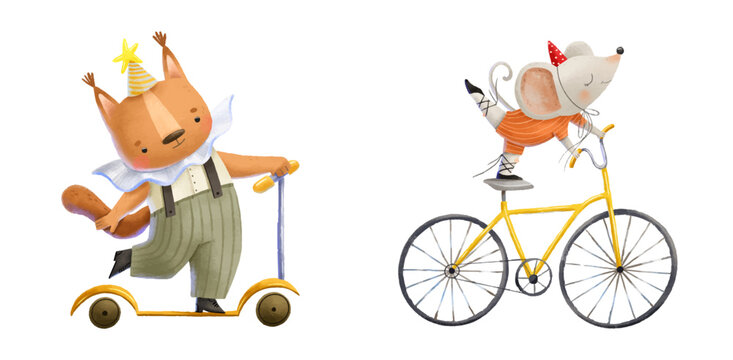 Circus performance. Squirrel on bike and mouse on bicycle. Cute childish hand painted illustration on white background