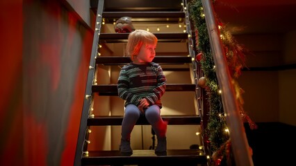 Little toddler boy sitting alone on stairs and watching at police or emergency car lights. Crime or accident on Christmas or New Year - obrazy, fototapety, plakaty