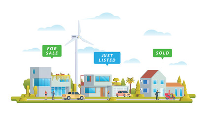 Fototapeta premium Real estate residential property market business concept with houses. Vector illustration.