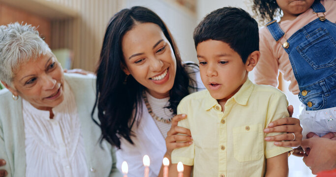 With Smile, Fun And Love Together In Home. Happiness, Surprise And Congratulations, Mom And Grandparents At Kids Party With Excited Child.