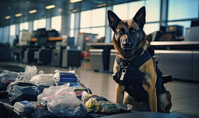 chien policier de la douane qui flaire de la drogue dans les bagages à l'aéroport - obrazy, fototapety, plakaty