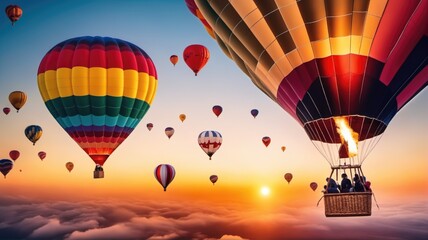 Fototapeta premium Colorful Hot Air Balloons in Flight. An exhilarating adventure as vibrant hot air balloons soar high in the sky, perfect for travel and transportation themes..