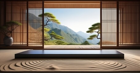 Tranquil zen garden setting with perfectly raked sand, symbolizing peace and meditation. blurred mountain range.