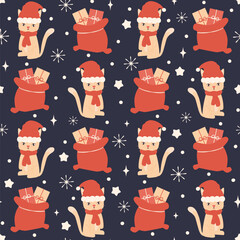 Cute winter holidays seamless vector pattern illustration with cat with santa claus hat, gift bags and other christmas elements on dark blue background