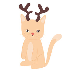 Cute hand drawn cartoon character cat with reindeer antlers funny vector illustration for christmas holidays isolated on white background