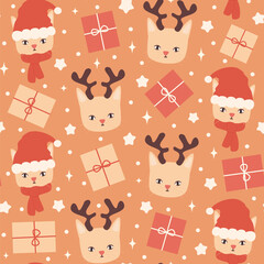Cute hand drawn winter holidays seamless vector pattern background illustration with cat with santa claus hat and reindeer antlers and other christmas elements