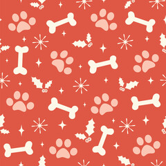 cute christmas seamless vector pattern illustration with paw prints, bones, stars, mistletoe and snowflakes on red background