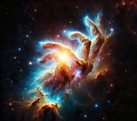 Celestial hand reaching for a supernova in the cosmic expanse.