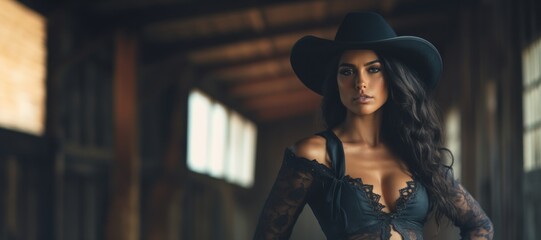 Obraz na płótnie Canvas A Sexy Beautiful Badass Latina Cowgirl wearing Lingerwear - Amazing Cowgirl Background - Clothes are in the Raw, Tough and Grunge Style - Latina Cowgirl Wallpaper created with Generative AI Technology