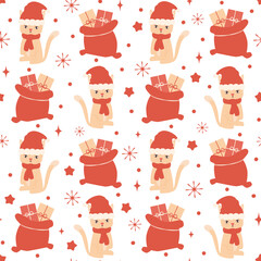 Cute winter holidays seamless vector pattern background illustration with cat with santa claus hat, gift bags and other christmas elements