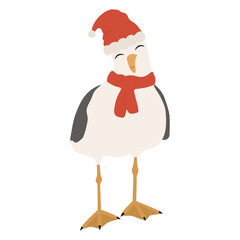 cute hand drawn cartoon funny character seagull with santa claus hat isolated on white background vector illustration for christmas holiday