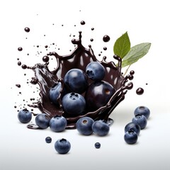 dark chocolate splash with blueberries isolated on white, blueberries in a splash of chocolate,...