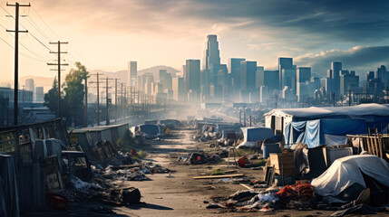 refugee camp shelter for homeless in front of Los Angeles City Skyline - obrazy, fototapety, plakaty