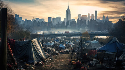 refugee camp shelter for homeless in front of New York City Skyline