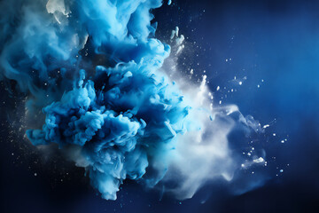 abstract background with blue smoke and splashes of powder. explosion of blue powder