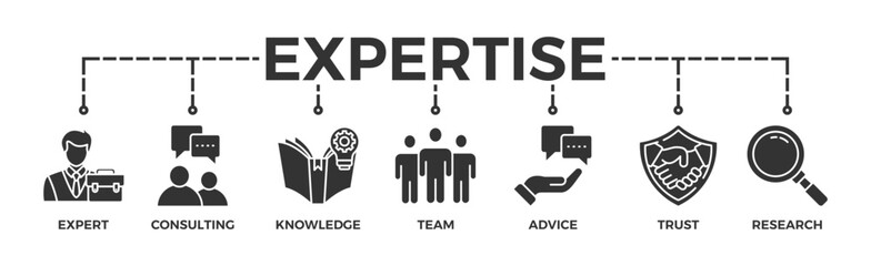 Expertise banner web icon vector illustration concept representing high-level knowledge and experience with an icon of expert, consulting, knowledge, team, advice, trust, and research - obrazy, fototapety, plakaty