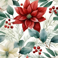 Selbstklebende Fototapeten Watercolor Christmas seamless pattern with red and white poinsettia flowers and red berries © Darya