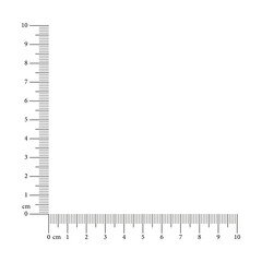 Corner ruler 10 cm. Template with millimeters, centimeters and markup, numbers. Measuring tool. Vector graphic illustration.