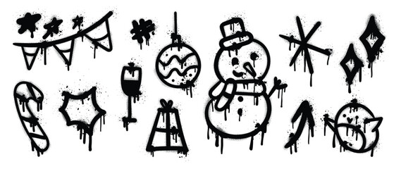 Set of Christmas elements. Snow spray paint vector. Graffiti, grunge elements of winter glove, sock, tree, present, star and cute doodle. Design illustration for decoration, card, sticker, wall decor.
