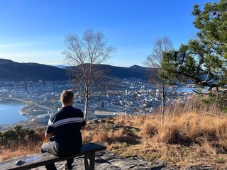 Hiking trial to mount Fløyen View over Bergen City Norway