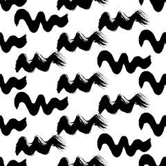 Seamless pattern with black wavy grunge brush strokes