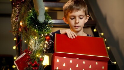 Obraz na płótnie Canvas Little excited boy opens Christmas gift box with present from Santa and gets upset after getting toy he didn't wished