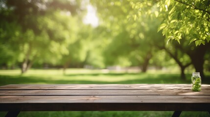 wooden green blur table picnic illustration background summer, park garden, nature outdoor wooden green blur table picnic