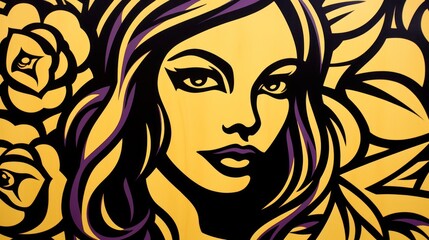 Graphic drawing illustration of a beautiful girl in a floral design