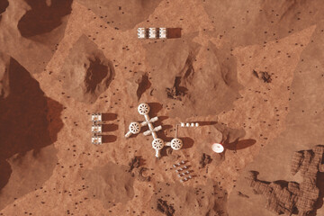 Colonization of Mars, Martian surface and human base, building a colony on Mars, top view. Conquering new horizons in space, thermoforming of Mars. 3D image, 3D illustration.