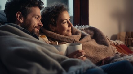 Flu sick couple sitting on sofa with mugs of tea wrapped in a warm blanket watching TV - obrazy, fototapety, plakaty