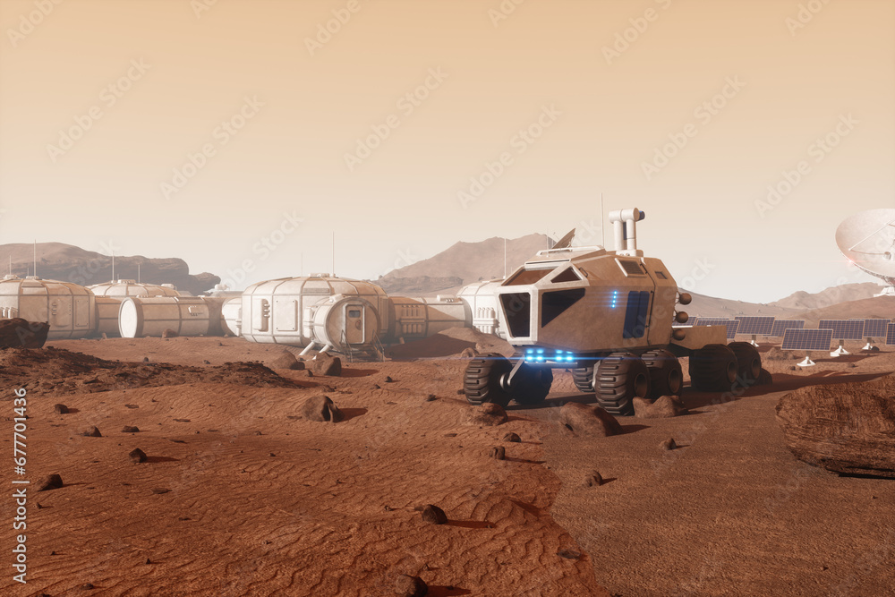 Wall mural rover all-terrain vehicle on the surface of mars. colonization of mars, martian surface and base, bu