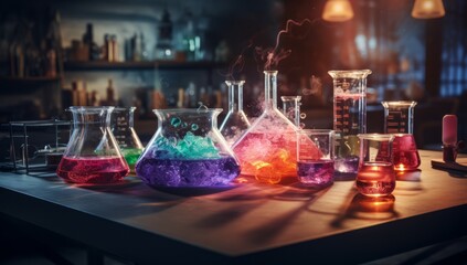 A Table of Chemistry Flasks Filled with Colourful Bubbling Liquids. A Spectrum of Colors in a Row of Test Tubes. A Rainbow of Colourful Chemical Solutions in Glass Flasks - obrazy, fototapety, plakaty