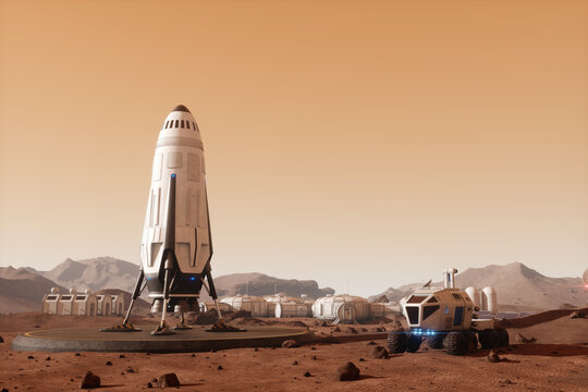 Space rocket on the surface of Mars. Colonization of Mars, Martian surface and base, building a colony on Mars. Conquering new horizons in space, thermoforming of Mars. 3D image, 3D illustration © Aliaksandr Marko