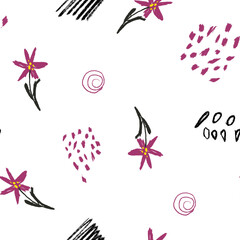 Seamless pattern pink flowers abstraction background. Packaging paper, background, textiles. The pattern is in the style of minimalism. Doodle illustration