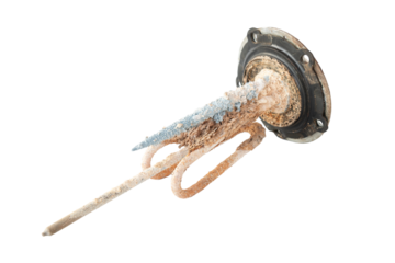 heating element of an electric hot water boiler with scum and sediment, on an isolated background